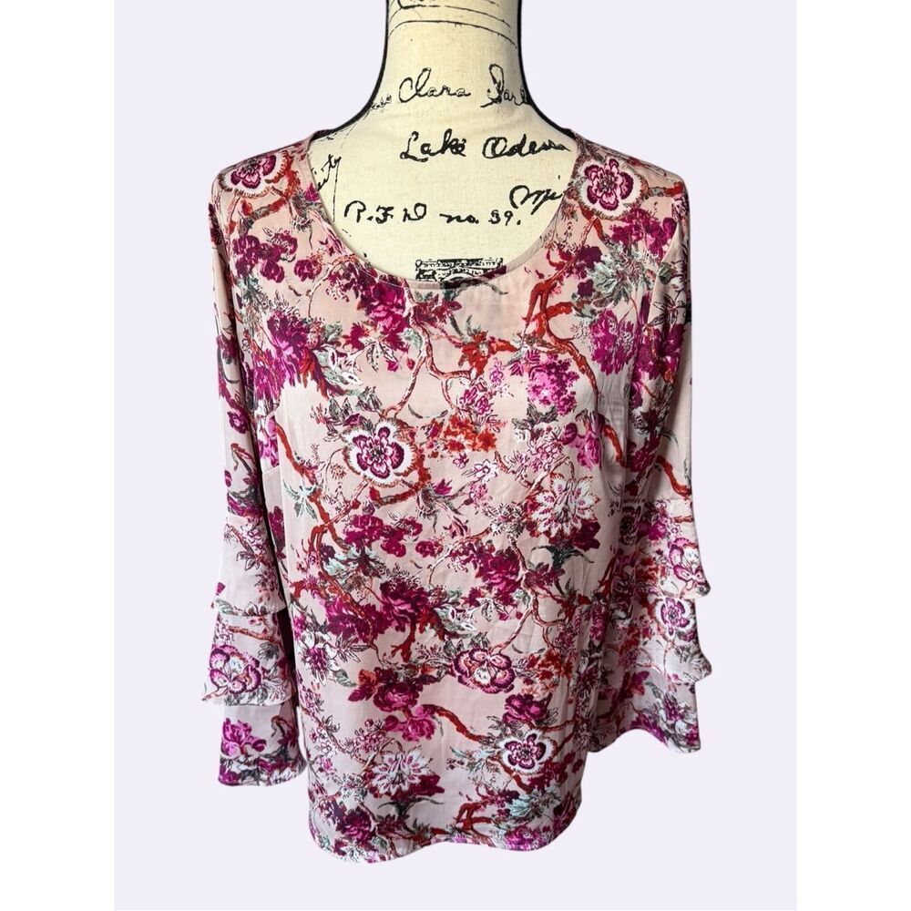 Liz Claiborne Career Floral Tiered Ruffle Bell Sleeve Blouse Top L